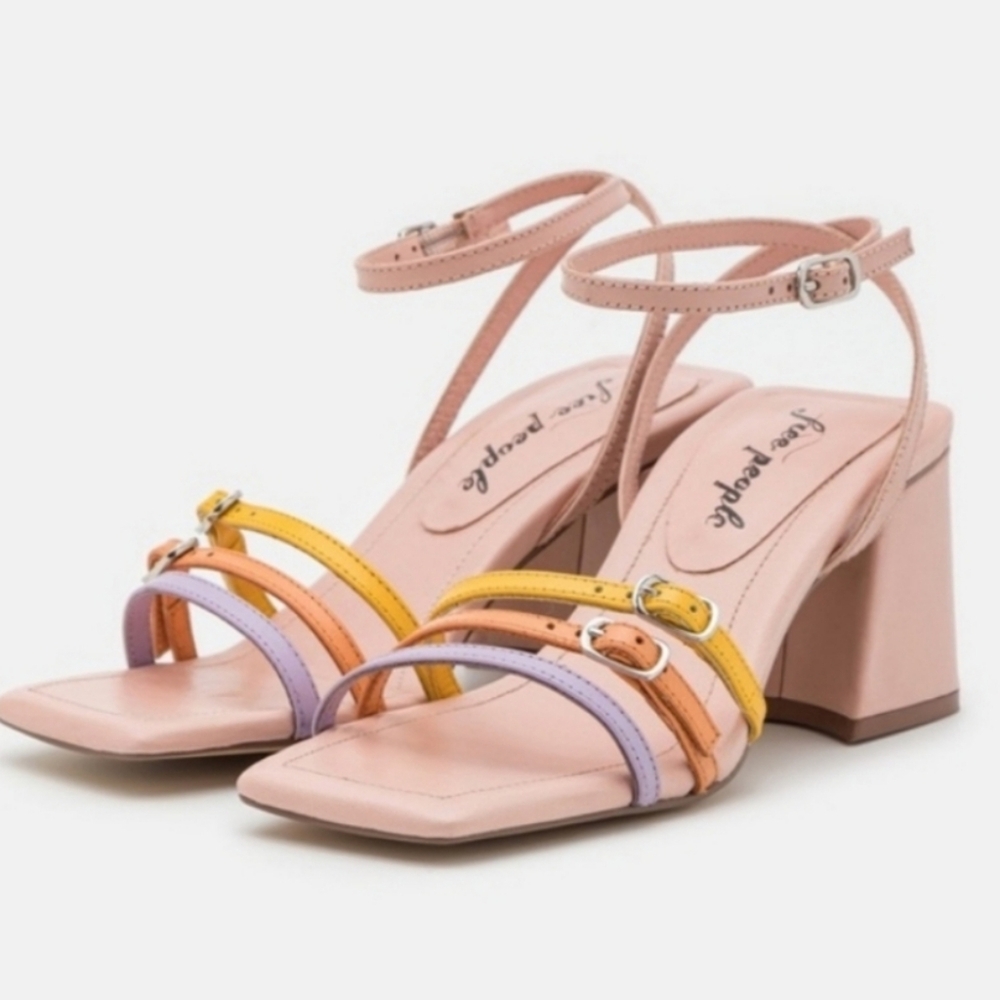 Free People Niki Strappy Heels Sandal Size 40 9.5 10 Pink Leather Block Heel New - Picture 13 of 13